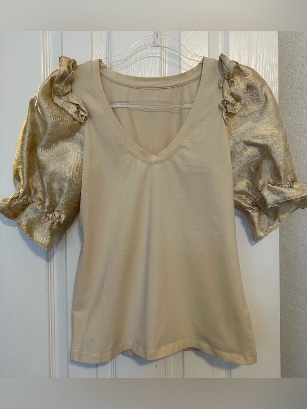 Anthropologie Cream V-Neck Top with Brocade Gold Puff Sleeves